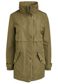 Giacca impermeabile verde oliva con colletto alto, chiusura a zip, bottoni automatici, due tasche laterali e vita elastica per una vestibilità regolabile.