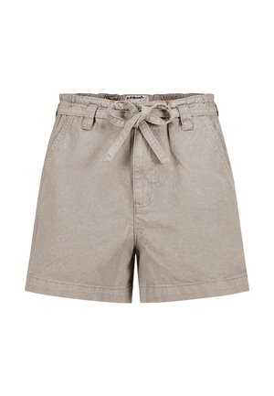 Beige Baumwollshorts mit hoher Taille, Gürtelschlaufen und einer vorderen Stoffschleife, seitlichen Taschen und einem lockeren Sitz.