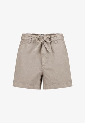 Beige Baumwollshorts mit hoher Taille, Gürtelschlaufen und einer vorderen Stoffschleife, seitlichen Taschen und einem lockeren Sitz.