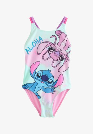 Badpak met een pastelgroene achtergrond met blauwe en roze cartoonfiguren. De bandjes zijn roze; de tekst "ALOHA" is in blauwe glitters geschreven.