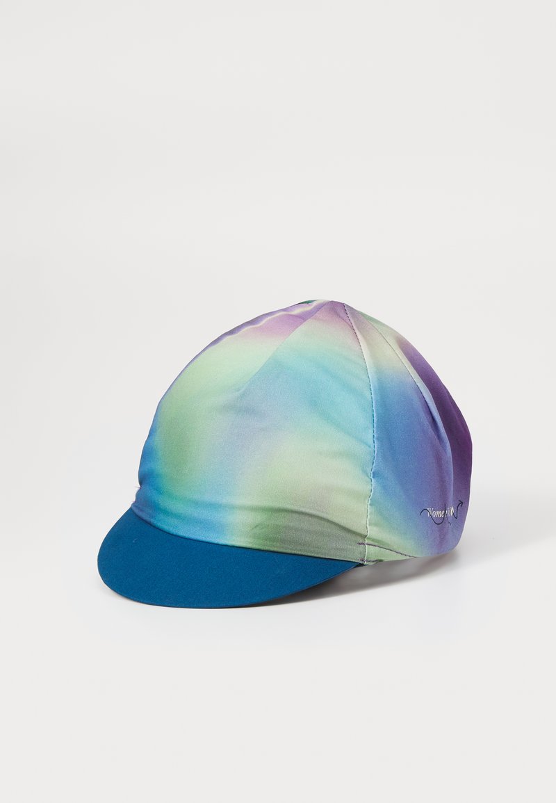 Multicolored cap featuring a smooth gradient of green, blue, and purple with a solid dark blue peak and subtle brand logo on the side.