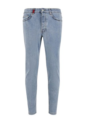 Light blue denim jeans with a slim fit, five-pocket design, belt loops, and contrast stitching. Features a red accent near the zipper.