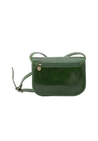 Borsa a tracolla verde in pelle con finitura liscia, forma arrotondata, tracolla regolabile e tasca frontale con zip dotata di una piccola linguetta in metallo.
