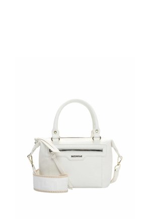 Hvid læderhåndtaske med dobbelte håndtag, lynlåslomme foran og aftagelig bred skulderrem i stof med beige kant.