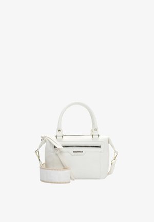 White leather handbag with dual handles, front zipper pocket, and detachable wide fabric shoulder strap with beige trim.