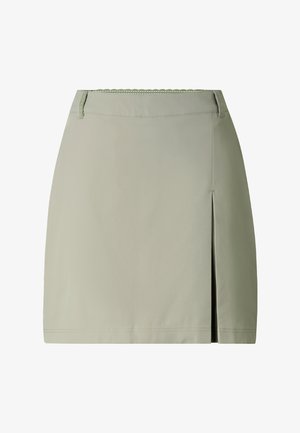 Jupe vert clair longueur genou avec une fente à l'avant à droite et des passants de ceinture à la taille.