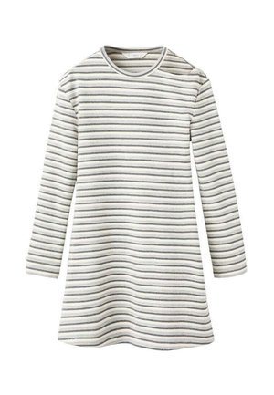 Langärmliges, knielanges Kleid mit weißen und dünnen schwarzen horizontalen Streifen sowie Rundhalsausschnitt.