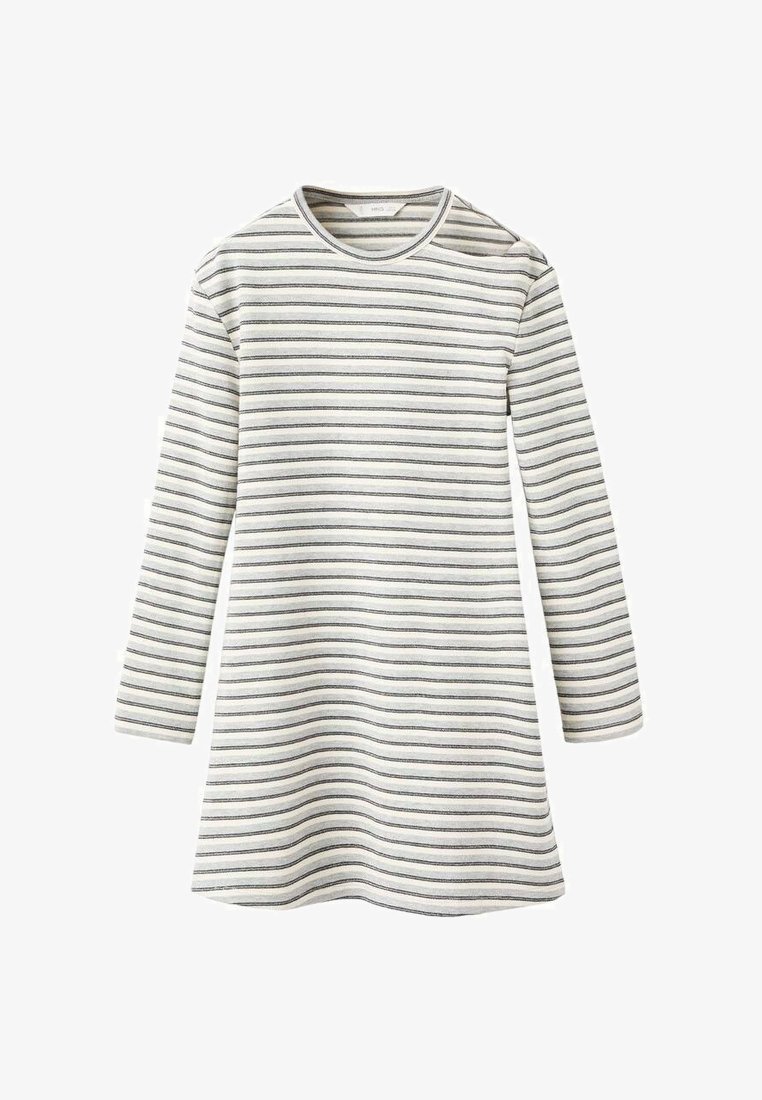 Dolga rukava, obleka do kolen z belimi in tankimi črnimi vodoravnimi črtami ter okroglim ovratnikom.