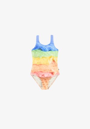 Maillot de bain une pièce avec une texture évoquant des glaces bleu, vert, jaune, orange et rose, présentant un décolleté en forme de scoop et des bretelles larges.