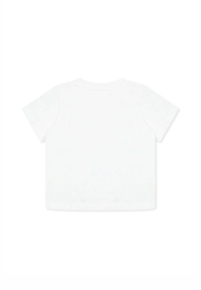 T-shirt in cotone bianco con maniche corte, scollatura rotonda e vestibilità rilassata. Il retro è semplice, senza motivi o dettagli.