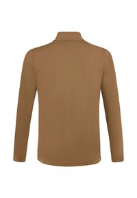 Långärmad pikétröja i en ljusbrun färg, tillverkad av mjukt tyg, med en klassisk krage och rak fåll.