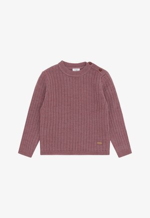 Maglione a costine in rosa polveroso, con colletto rotondo, maniche lunghe e due bottoni decorativi sulla spalla sinistra. Patch in pelle con logo sull'orlo.