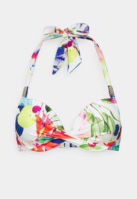 Top de biquíni com estampado floral, com copas moldadas, cordões de pescoço tipo halter e fecho de clipe. Apresenta folhas e flores coloridas sobre um fundo branco.