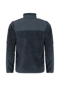 Donkergrijze fleece jack met een hoge kraag, gestructureerd lijf en een gladde stof op de schouders en mouwpatches, gezien van achteren.