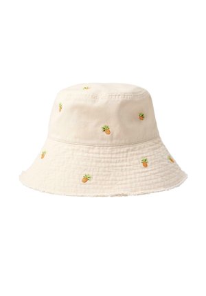 Lys beige bøllehat pyntet med små broderede ananas fordelt jævnt rundt om hatten.