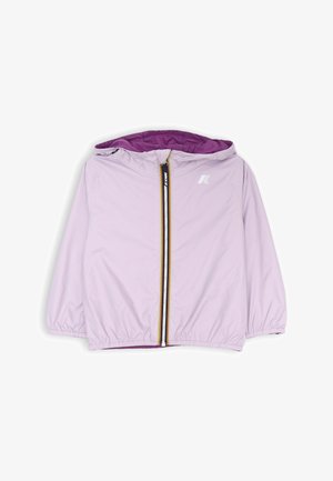 Giacca a tramonto lilla con cappuccio, zip frontale e polsini elasticizzati, caratterizzata da una fodera viola a contrasto e un piccolo logo sul petto.
