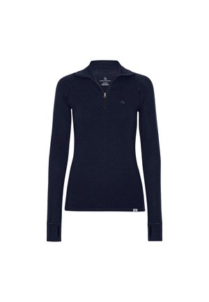 Marineblauwe pullover met lange mouwen en een rits tot een kwart, gemaakt van merinowol, met raglanmouwen en duimgaten aan de manchetten. Subtiele logodetail.