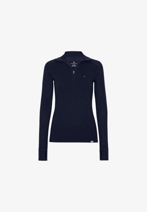 Granatowy sweter z długim rękawem i zamkiem do połowy długości, wykonany z wełny merino, z raglanowymi rękawami i otworami na kciuki przy mankietach. Subtelne logo.