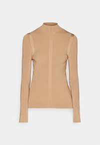 Pull beige côtelé à manches longues avec col montant factice et détail subtil de couture verticale au centre devant.