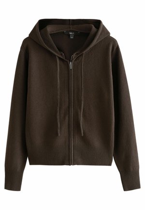 Brauner Reißverschluss-Hoodie aus weichem, strukturiertem Stoff. Mit Kapuze, gerippten Bündchen und Saum, verstellbaren Kordeln und vorderen Taschen.