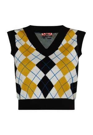 Maglione senza maniche con scollatura a V, caratterizzato da un motivo a rombi nei toni del giallo, nero, bianco e blu. Realizzato in morbido tessuto a maglia.