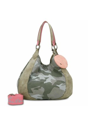 Sac à main camouflage vert et gris avec côtés en daim beige, anses roses, pochette ronde rose et bandoulière rose séparée avec écriture grise.