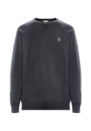 Maglione a maniche lunghe color grigio scuro con scollo rotondo, polsini e orlo a coste, con un piccolo logo ricamato sul petto sinistro.