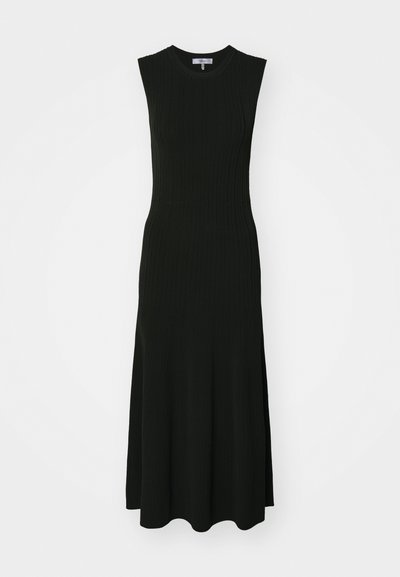 Black ribbed dress featuring a fitted bodice, sleeveless design, and flared hem. Fabric has a smooth texture with vertical lines.