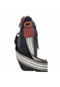 Marineblaue Tasche aus Stoff mit braunen Lederelementen, ausgestattet mit einem gestreiften Schulterriemen. Kompakte Form mit Messingbeschlägen und Reißverschluss.