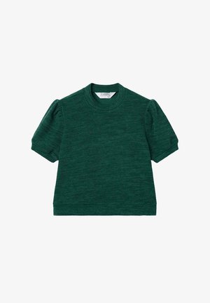 Top verde de manga corta con cuello redondo, con mangas abullonadas y un acabado de punto texturizado. Etiqueta visible en el interior del cuello.