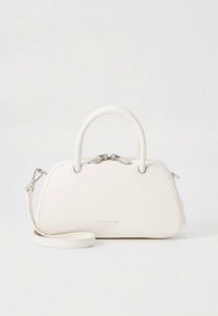 White leather handbag with rounded design, dual top handles, detachable shoulder strap, silver hardware, and embossed brand logo on front.