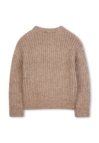 Pull en tricot beige avec un motif texturé, un col et des poignets côtelés, et une coupe décontractée. Le tissu semble doux et chaud.