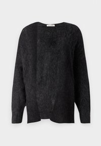 Svart, fuzzy cardigan med åpen front, løs passform og lange ermer. Har en myk tekstur og minimal sømdetaljering.