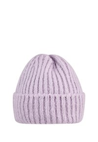Knit beanie in light purple, featuring ribbed texture and a folded cuff for added warmth and style. Soft material with a snug fit.