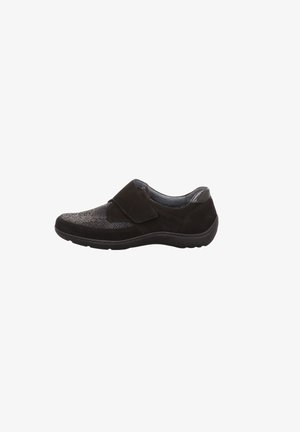 Black shoes with a suede upper and textured snake print detailing. Features a Velcro strap and a rubber outsole for grip and comfort.