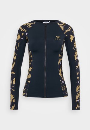 Langermet rashguard i marineblå med et gyllent blomster mønster. Den har en front glidelås, en tettsittende design og elastisk stoff for komfort.