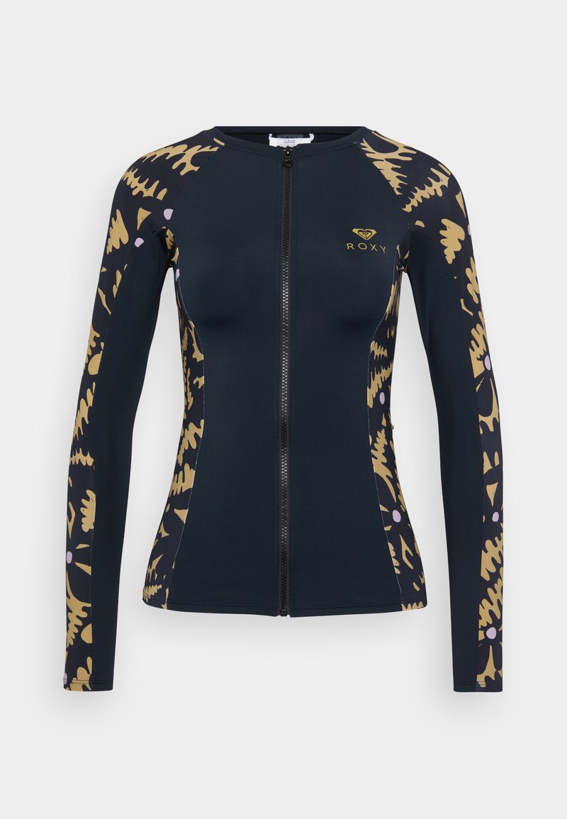 Rashguard z długim rękawem w kolorze granatowym z złotym wzorem roślinnym. Posiada zamek błyskawiczny z przodu, dopasowany krój oraz elastyczny materiał dla wygody.