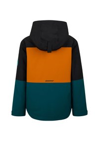 Kapuzenshirt mit schwarzer Kapuze und Schultern, orangefarbenem oberen Rückenteil, türkisfarbenem unteren Rückenteil und Ärmeln sowie "ziener"-Logo auf dem orangefarbenen Panel.