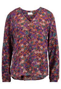 Blusa a maniche lunghe viola e arancione con motivo floreale. Presenta un colletto a V e un orlo leggermente curvo. Realizzata in tessuto leggero e testurizzato.
