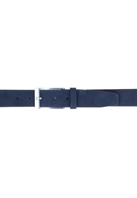 Marineblauwe leren riem met een gladde textuur en een zilveren metalen gesp. Beschikt over meerdere verstelgaten en een lus voor overtollige riem.