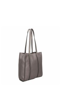 Sac fourre-tout en cuir texturé gris avec deux poignées, forme rectangulaire et garniture contrastante le long des bords. Fermeture zippée en haut.