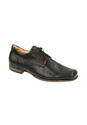 Schwarzer Lederschuh mit runder Zehenform, Schnürvorderseite und niedrigem Absatz. Glatte Textur und dezente Designdetails im Obermaterial.