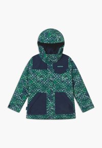 Green and navy hooded jacket with a textured geometric pattern, front pockets, and a logo. Features a zip closure and adjustable hood.