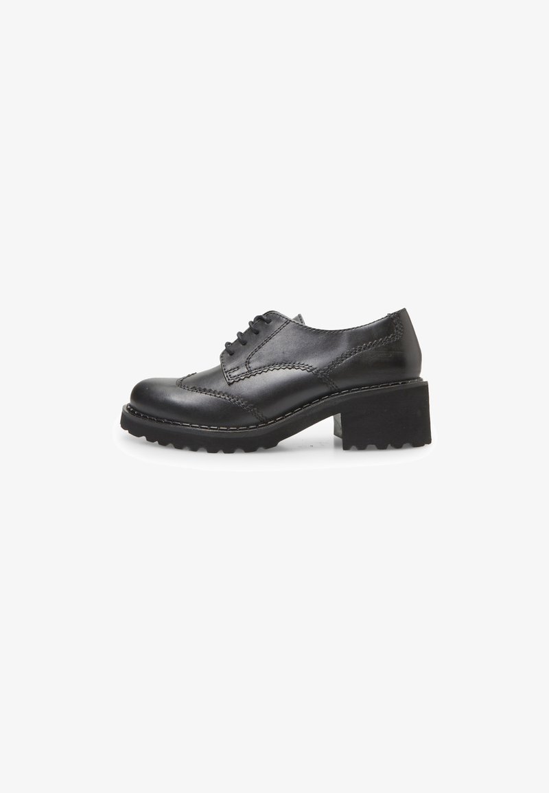 Black leather oxford shoe with a low, block heel and textured sole. Features decorative stitching and a classic lace-up design.