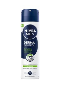 Nivea Men Derma Control Sensitive antiperspirant spray with 72-hour protection, pure hyaluron, vitamin E, and no alcohol, 150ml.