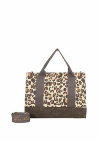 Borsa a spalla con stampa leopardata, fondo in finta suede marrone, robuste cinghie grigie e tracolla rimovibile. Misure: 14 pollici di larghezza per 12 pollici di altezza.