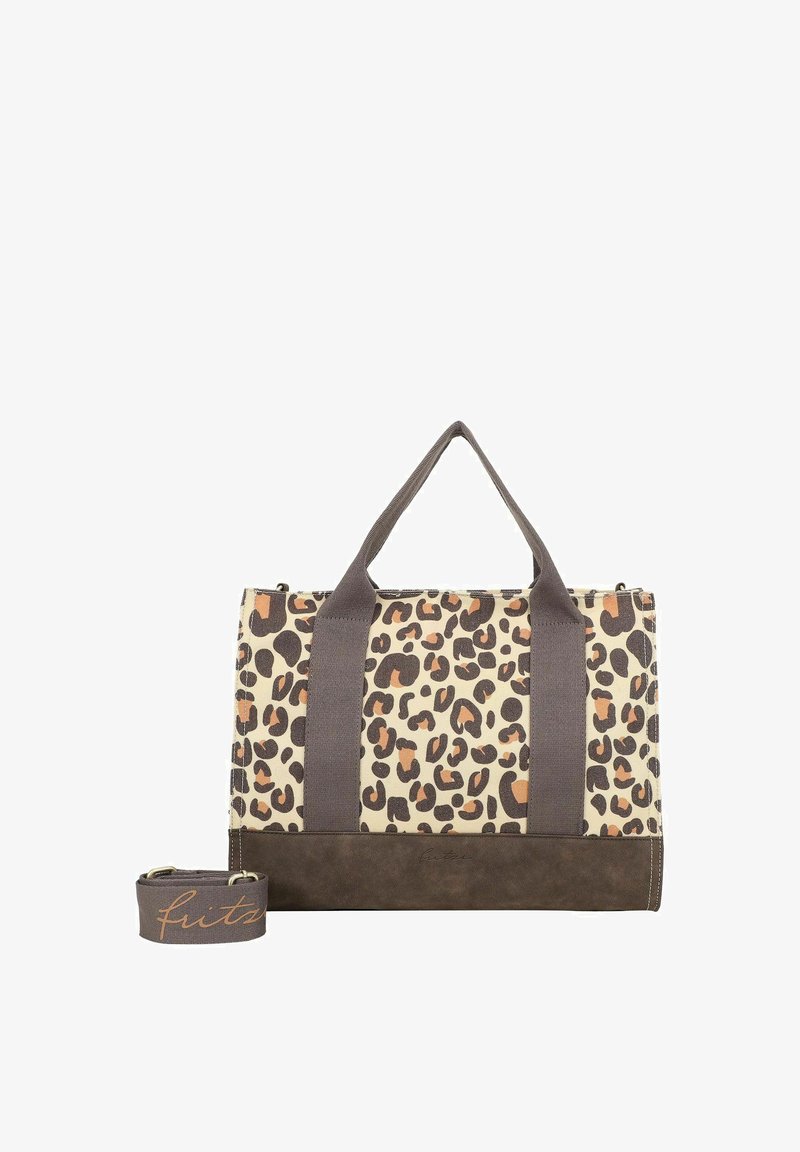 Tote-Bag mit Leopardenmuster, braunem Kunstwildlederboden, stabilen grauen Trägern und abnehmbarem Gurt. Maße: 35 cm breit und 30 cm hoch.