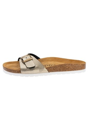 Åben tå-slide sandal med metallisk rem, justerbar gylden spænde, korkfod og hvid gummisål.