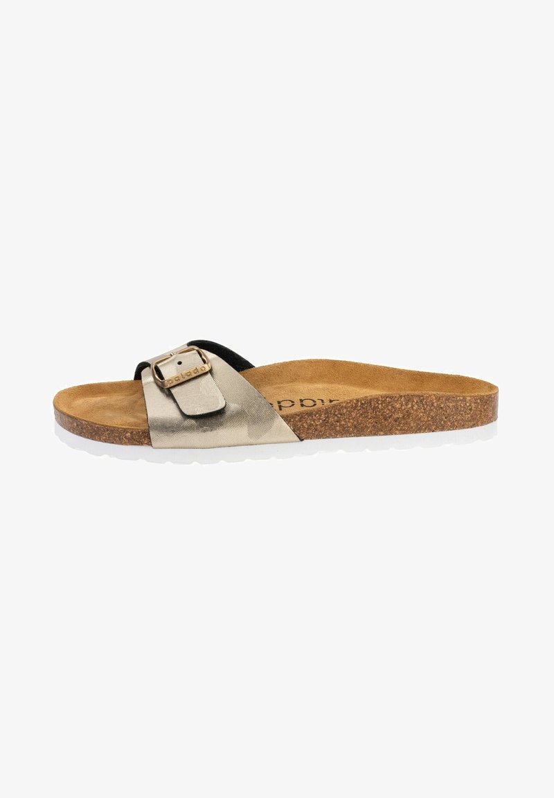 Sandale mule à bout ouvert avec bride métallique, boucle dorée réglable, semelle intérieure en liège et semelle extérieure en caoutchouc blanc.