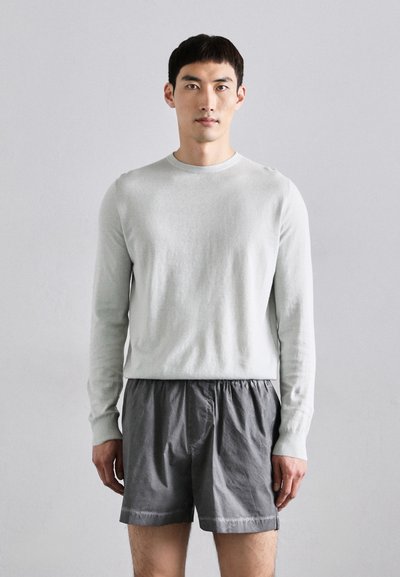 Hellgrauer Langarmpullover aus weichem Material, kombiniert mit locker sitzenden dunkelgrauen Shorts. Besitzt einen Rundhalsausschnitt und gerippte Bündchen.